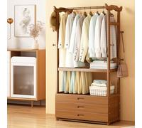 Open Wardrobe with Drawer, Wooden Clothes Rail with Hanging Rod and Hooks, Freestanding Garment Rack for Bedroom, Entryway, Living Room, Office