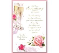 Open Wedding Anniversary Card - Champagne Glasses Flowers Gold Foil Verse 9x6