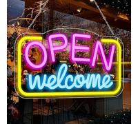 Open Welcome LED Neon Signs Colorful Happy Hour Neon Art Wall Lamps Dimmable Acrylic Light up for Bedroom Man Cave Bar Pub Party Wall Decor