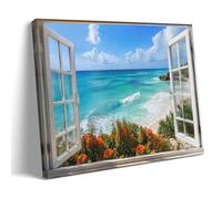 Open White Window Tropical Ocean Beach View Canvas Wall Art Poster, Bright Blue Sea Wave Red Flower Coastal Scenery Print for Bedroom Bathroom Home Decor 20x30inch