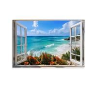Open White Window Tropical Ocean Beach View Canvas Wall Art Poster, Bright Blue Sea Wave Red Flower Coastal Scenery Print for Bedroom Bathroom Home Decor 16x24inch