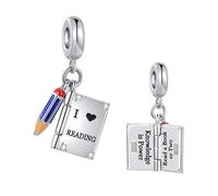 Openable Knowledge is Power I Love Reading Book Charm Blue Pencil Compatible with Pandora Charms Bracelets