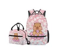 OPENARTUP Capybara School Backpack with Lunch Box Girls Back to School Bag 6Th Grade Cherry Blossom Elementary Backpacks Kids Backpack Big Capacity 10-12 Lunch Boxes Insulated