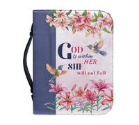 OPENARTUP Hummingbird Bible Bag with Zipper Pocket, PU Leather Bible Cover Large for Women, Pink Floral Bible Case with Bible Verse: God is Within Her She Will Not Fall