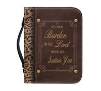 OPENARTUP Large Brown Bible Cover Case with Scripture, Bible Covers with Handle, Bible Bag with Zippered Pocket, Durable Bible Case Study Supplies Cast Your Burden on The Lord
