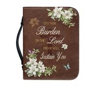 OPENARTUP Purple Floral Bible Case with Pockets, Bible Covers Case with Zipper, Bible Bag PU Leather Women, Bible Case with Handles, God is Within Her She Will Not Fall