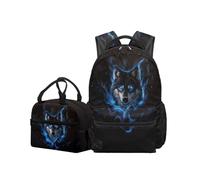 OPENARTUP Wolf Backpack with Lunch Box Girls Insulated Black Elementary School Backpacks for Girls 3rd Grade School Bag Little Kid Backpack 17 Inch Laptop Lunch Pouch for Hiking