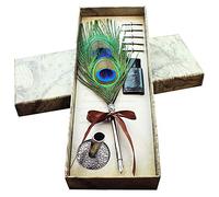 OPENDGO Peacock Feather Pen and Ink Calligraphy Gift Set Antique Feather Quill Pen and Ink Set with 5 Nibs Metal Holder Gift for Beginners