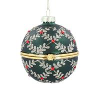 Opening Christmas Bauble for Secret Xmas Gifts, Hanging Glass Green Bauble with Silver Glitter Leaf Pattern & Red Jewels, Engagement Ring Xmas Tree Hidden Compartmet Decoration