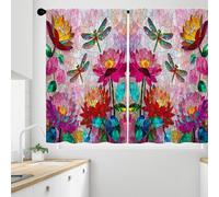 Opeoddie Colorful Floral Pink Dragonfly Kitchen Curtains Boho Flower Window Treatments Small Short Vintage Modern Stained Glass Curtain for Bathroom Bedroom 2 Panels Window Drapes Tiers 26x36 Inch
