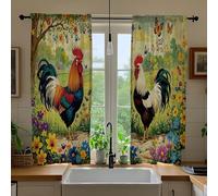 Opeoddie Farmhouse Chicken Kitchen Curtains Rooster Vintage Country Small Short Window Drapes Rustic Farm Animal Boho Flower 2 Panels Window Treatment Tiers Home Decor 26x36 Inch
