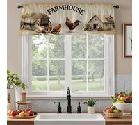Opeoddie Farmouse Valance Kitchen Window Curtain Rustic Rooster Chicken Rod Pocket Short Valance Treatment 1 Panel Small Country Farm Animal Curtain for Bathroom Living Room (55x18 Inch)