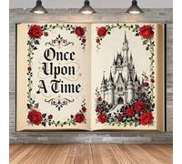 Opeoddie Once Upon a Time Backdrop Romantic Castle Princess Kids Magic Fairy Tale Book Party Decorations Red Floral Wedding Photo Background Girls First Birthday Baby Shower Banner Table Decor 7X5ft