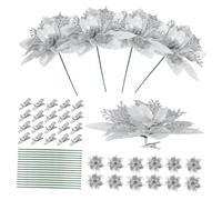Operitacx 20 Sets Silver Artificial Poinsettia Flowers with Stems and Clips Christmas Tree Decorations for Festive Home and Event Holiday Charm Easy Secure Setup