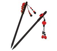 Operitacx 2pcs Antique Chinese Style Headdress Wood Hair Stick 7.5inch Use Embellished with Red Flowers Decor Elegant Vintage Hair Pin and Mothers Festival Birthday
