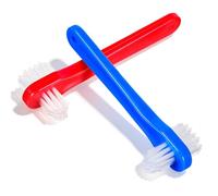 Operitacx 2pcs Dual-Head Denture Cleaning Toothbrushes for Adults, Small Size with Blue and Red Handles, Oral Blind Spot Cleaning Brushes for Denture Care and Dental Hygiene