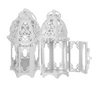 Operitacx 2pcs Morocco Style Iron and Glass Candle Lanterns Tealight Holders White Freestanding Lamps Convenient to Carry for Bookshelf and Kitchen Counter Decoration