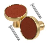 Operitacx 2pcs Vintage PU Leather Cabinet Knobs with Gold Finish Scratch Resistant Pull Handles for Dressers Wardrobes Kitchen Cabinets Easy Installation Hardware Included Multifunctional