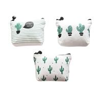 Operitacx 3pcs Canvas Cactus Coin Purse Set with Zippered Closure and Neat Sewing Thread, Portable Mini Wallets for Students, Stylish White Makeup Bag and Key Holder Pouch