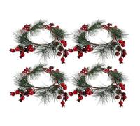 Operitacx 4pcs Christmas Candle Rings for Pillars with Red Pomegranate and Artificial Snowy Pine Needles, Reusable Pvc and Foam Material, Elegant Festive Table Decor for Advent Season