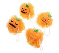Operitacx 4pcs Halloween Pumpkin Bath Sponge in Jack-o-Lantern Shape, Mesh Loofah Shower Pouf for Body Wash with Rich Lather Creation and Washable Material, for Bath Time