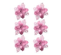 Operitacx 6pcs Pink Glitter Artificial Christmas Tree Decor Flowers, Flexible Plastic Decorative Ornaments with Lifelike Hollow Design for Xmas Party and Home Decor