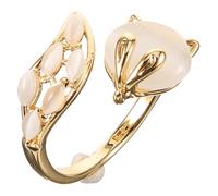 Operitacx Adjustable Golden Cat's Eye Fox Open Ring for Women Rhinestones, Metal Material, for Party and Evening Wear, Fashionable Animal Statement Ring