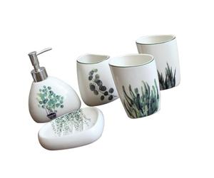 Operitacx Bathroom Accessory Bathroom Supply 5pcs Ceramic Organizer Set with Smooth Polishing Three Cups Lotion Bottle and Soap Tray for Bathroom Storage