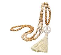 Operitacx Boho Wooden Beaded Peace Sign Necklace with Turquoise Crystal Tassel, Unique Elegant Pendant Necklace for Women, for Birthday or Party Accessories