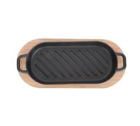 Operitacx Cast Iron Grill Pan with Wood Tray, Rectangular Non-Stick Grill Plate for Steak and Grilled Fish, Creative Design to Keep Food Hot and Prevent Table Top Damage, for Cooking