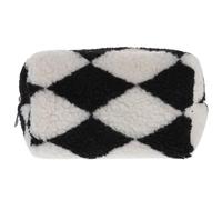 Operitacx Checkered Plush Makeup Bag Black, Fluffy Cosmetic Zipper Pouch for Travel and Storage, Multifunctional Kawaii Pencil Case for Women