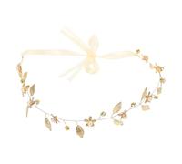 Operitacx Crystal Bridal Headband with Pearl Leaf Garland, Wedding Hair Crown Headdress for Brides, Gold and White Organza Wedding Hair Accessory for Bridal Party