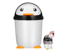 Operitacx Cute Penguin Small Swing Bin with Lid, 21 x 14 x 14cm Plastic Desk Bin, Kids Bedroom Mini Wastebasket for Office, Bathroom, Study Table, Car and Home, White