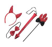 Operitacx Devil Role-play Kit Fit with Costume Adjustable Horn Halloween Headband Demon Tail, Sparkly Horn Accessories, Bow Tie, and Trident Wand and Carnival and Party