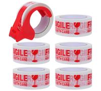 Operitacx Fragile Tape Rolls with Red Dispenser 6pcs Fragile Shipping Tape for Moving Boxes for Secure Parcel Sealing