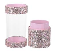 Operitacx Glitter Pink Makeup Brush Organizer Box Cosmetic Brush Storage Holder Two-cup Container for Vanity Table Beauty Tools