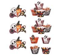 Operitacx Halloween Cake Toppers 2 Sets Paper Skull Pumpkin Phantom Bat Cupcake Wrappers and Picks for Table Settings and Halloween Party, Easy to Use with Unique Design