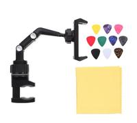 Operitacx Musician Phone Stand for Guitar Instrument Mic Holder, Stretchable Mobile Phone Clamp with Music Score Rack, Black-grey, Includes Cleaning Cloth for Performance Table Side Use