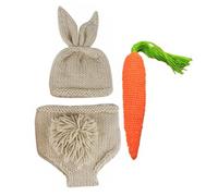 Operitacx Newborn Easter Photography Costume Set, 3pcs Crochet Bunny Hat and Pants Outfit with Carrot Prop, Photo Shoot Outfit for Spring Holiday Sessions