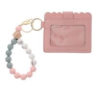 Operitacx Pink Beaded Design Wristlet Bracelet Keychain with Leather and Alloy Small Cards Pouch Comfortable to Take Id Cards Holder for Bag Hanging Decor or Keychain