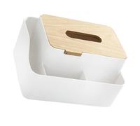 Operitacx Plastic Tissue Holder Box Featuring 2 Different Compartments with Lid, Sturdy Plastic and Rubber Wood Material for Organizing Small Things, for Office and Restaurant Use