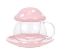 Operitacx Stylish Mushroom Shape Tea Cup with Infuser and Lid, Ceramic and Glass Household Tea Mug with Ergonomic Handle for Home Use, Pink Flower Design