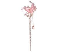 Operitacx Vintage Pink Alloy Flower Hairpin with Diamond Decoration and Tassel, Easy to Use Kanzashi Hair Accessory for Women and Princesses, Elegant Flower Pattern Hair Stick for Special