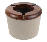 Operitacx Windproof Ceramic Ashtray with Wooden Lid Featuring 3 Grooves for Cigarettes and Cigar, Easy to Clean Porcelain Ash Holder with Glazed Finish, Elevated Design for Lounge and Table