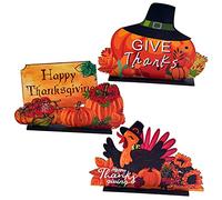 OperSeven 3 Pieces Thanksgiving Wooden Table Decorations Harvest Party Supplies Turkey,Pumpkin,Happy Thanksgiving Table Centerpieces Decorations