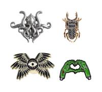 Opexicos 4Pcs Creative Alloy Octopus Brooch Dark Punk Style Metal Monster Badge with Small Eyes Unique Green Zombie Skull Hand Brooch and Black Beetle Spade Beetle Brooch