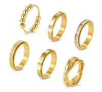 OPFIV 4mm Fidget Rings for Anxiety Relief - 6PCS Stainless Steel Spinner Ring Set for Women Men Beads Cross Love Heart Glitter Sandblast Diamond Thin Stackable Rings Band 18K Gold Plated Stress Relief