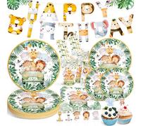 Ophy Jungle Safari Theme Birthday Party Supplies Set - 134 Pcs for 25 Guests, Animal Banner, Plates, Napkins, Cups for Kids and Baby Shower Decorations