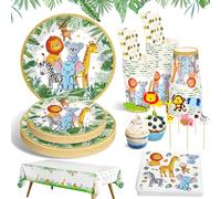 Ophy Jungle Safari Theme Tableware Set | 134Pcs Disposable Paper Plates, Napkins, Cups - Safari Party Decorations, Kids Birthday Party Supplies, Animal Tableware, Baby Shower Plates Set