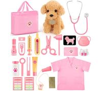 Ophy Wooden Vet Playset for Kids with Plush Dog, Realistic Stethoscope and Doctor Costume - Pet Doctor Pretend Play Kit Toy for Boys and Girls Ages 3 4 5 6 - Educational Birthday Gift